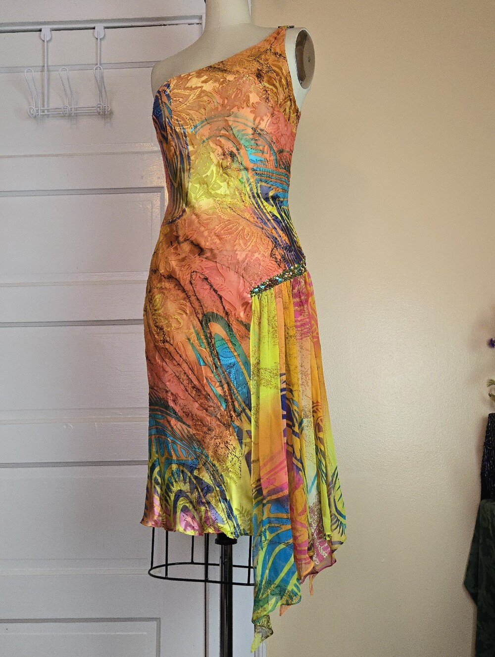 Diane Freis Silk Blend Y2K orange multicolor asymmetrical beaded midi dress